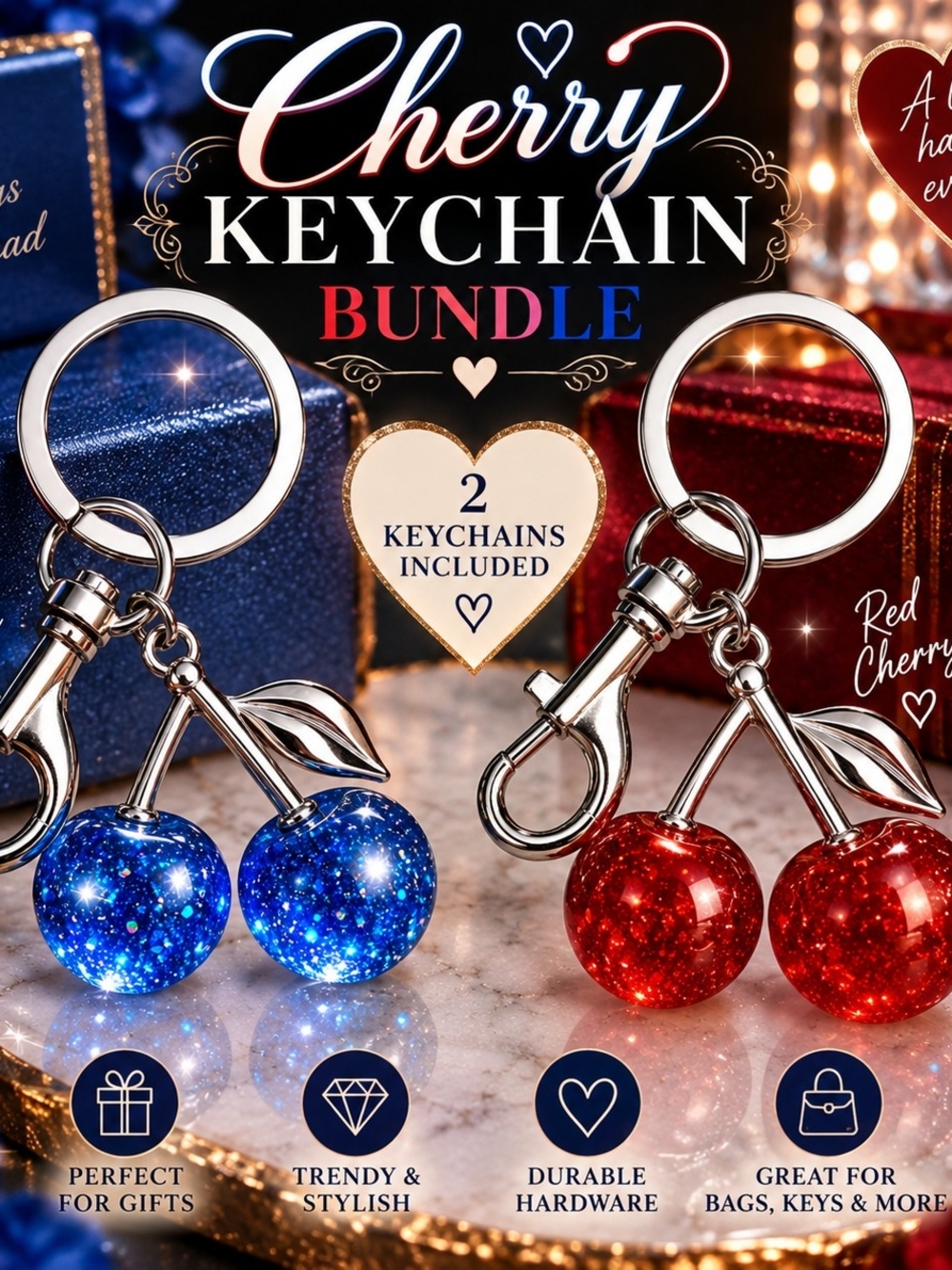 Cherry Keychain Bundle - Blue & Red Glitter Cherry Keychains(Set Of 2)aa